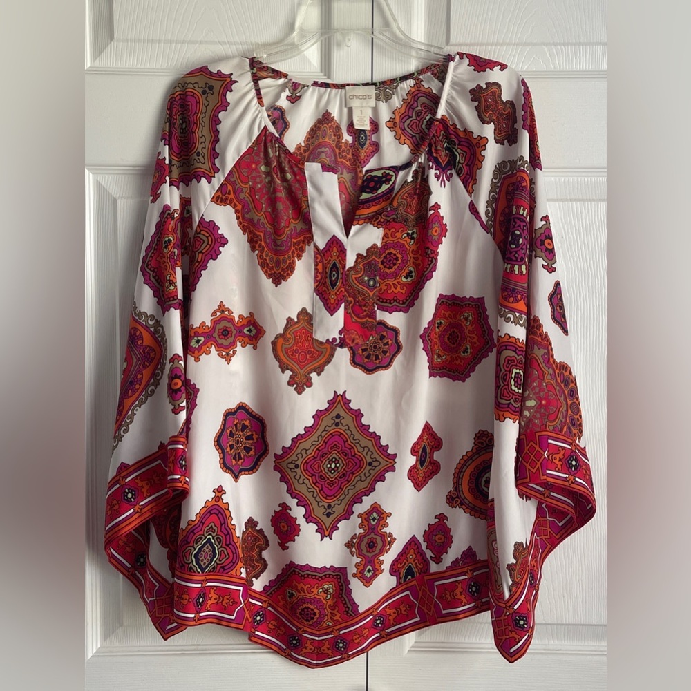 Chico’s Boho Multicolor Medallion Print Hankerchief Hem Popover Top Size 1 (Med)